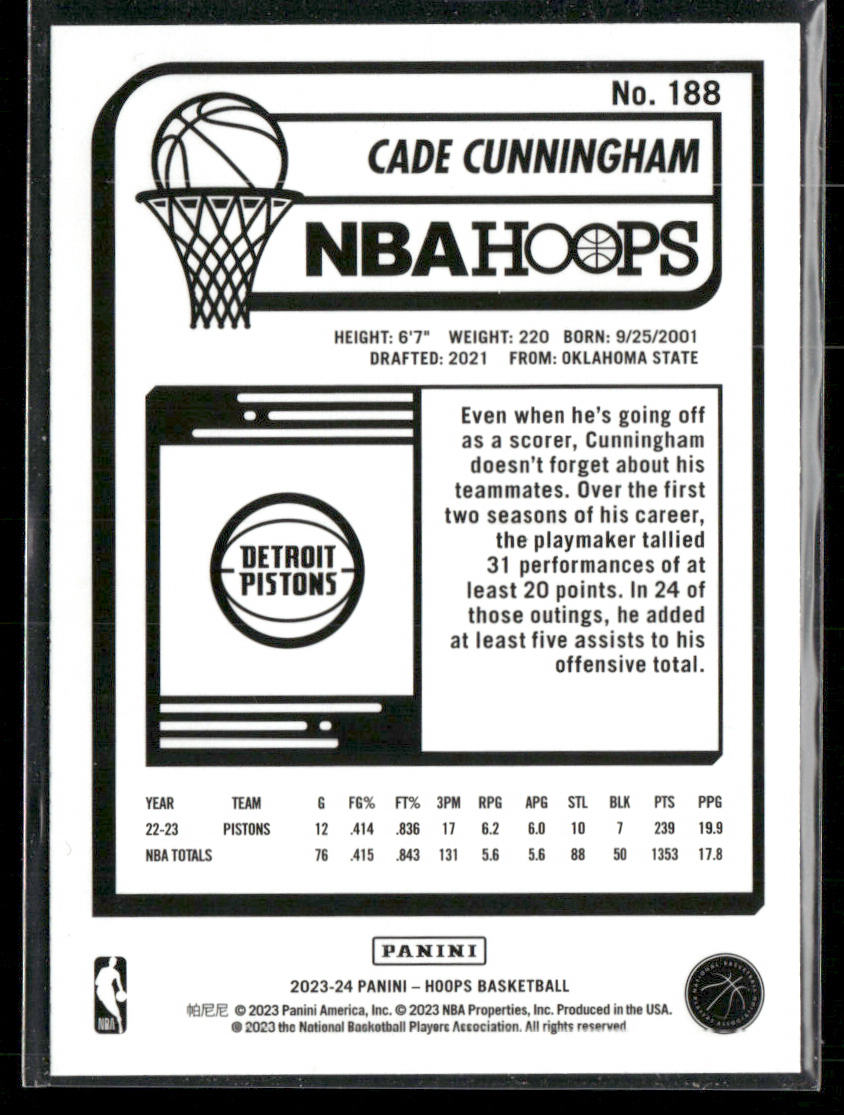 Cade Cunningham 2023-24 Hoops #188 Detroit Pistons