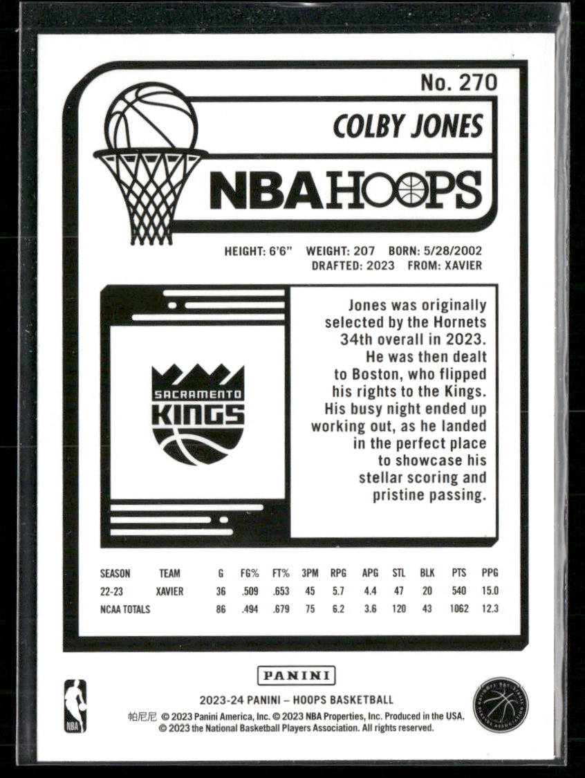 Colby Jones 2023-24 Hoops #270 RC Sacramento Kings