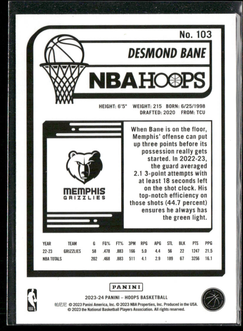 Desmond Bane 2023-24 Hoops #103 Memphis Grizzlies