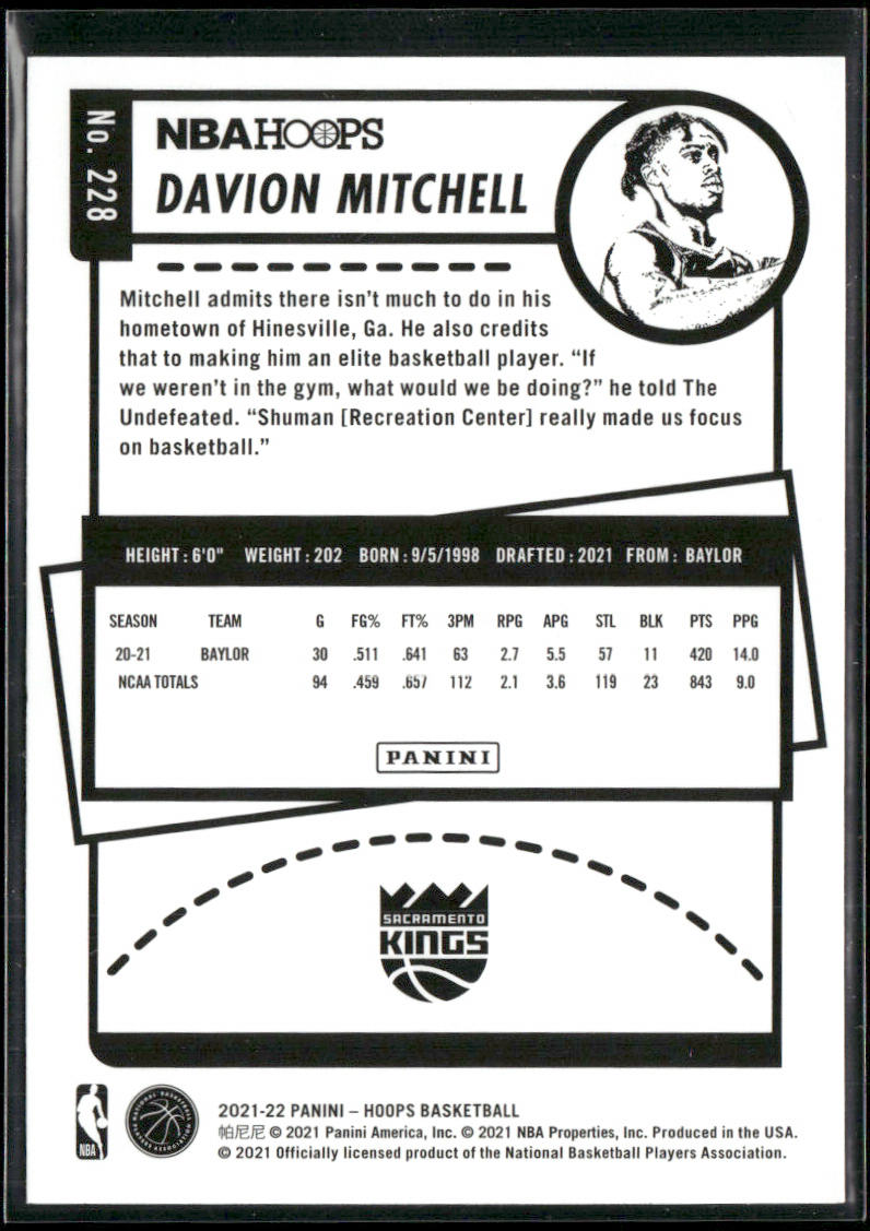 Davion Mitchell 2021-22 Hoops #228 RC Sacramento Kings
