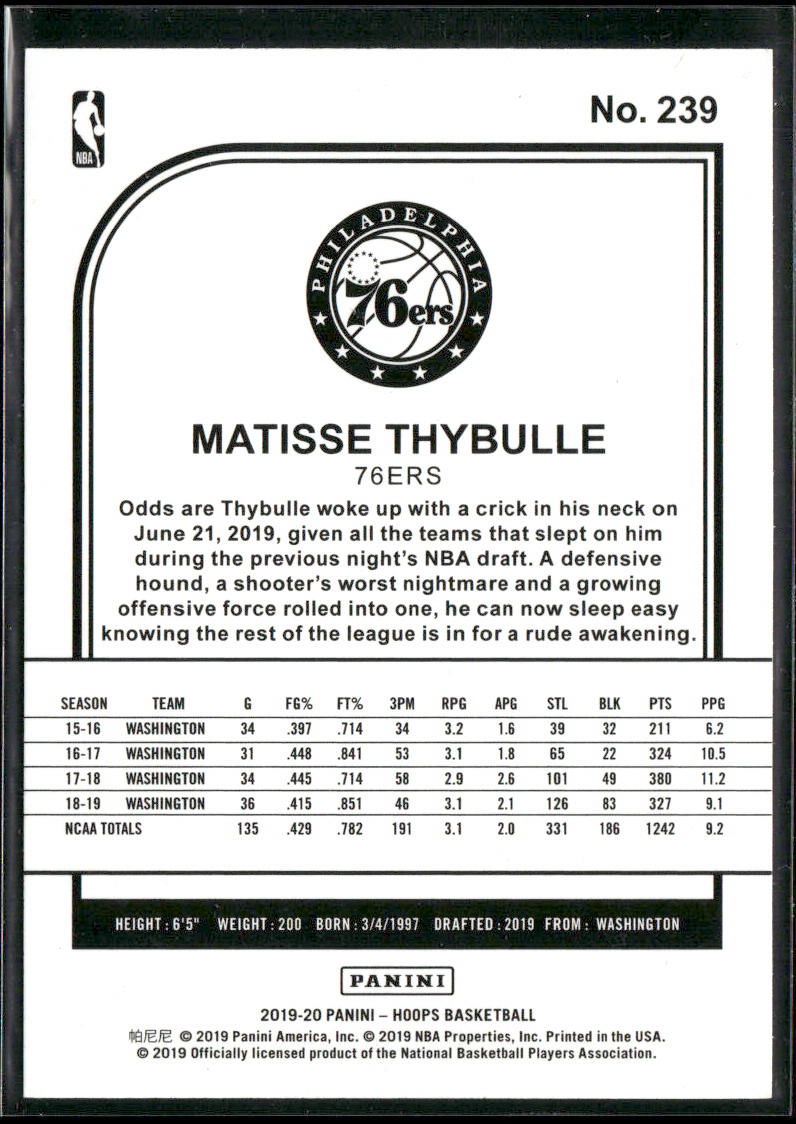 Matisse Thybulle 2019-20 Hoops #239 RC Philadelphia 76ers