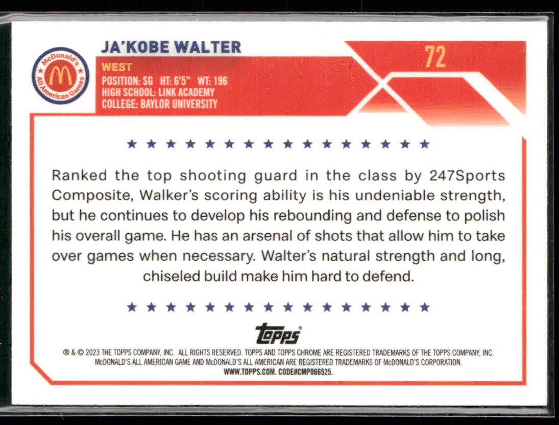 JA'Kobe Walter 2023 Topps Chrome McDonald's All American #72