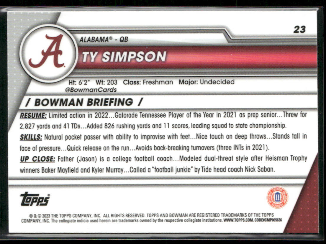 Ty Simpson 2023 Bowman University Chrome #23 Alabama Crimson Tide