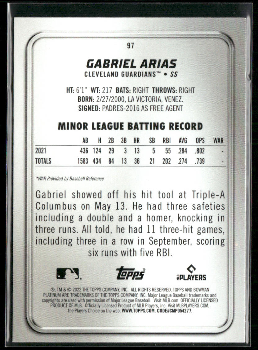 Gabriel Arias 2022 Bowman Platinum #97 RC Cleveland Guardians