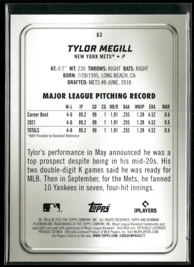 Tylor Megill 2022 Bowman Platinum #63 RC New York Mets