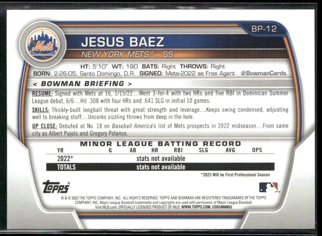 Jesus Baez 2023 Bowman Prospects #BP-12 New York Mets