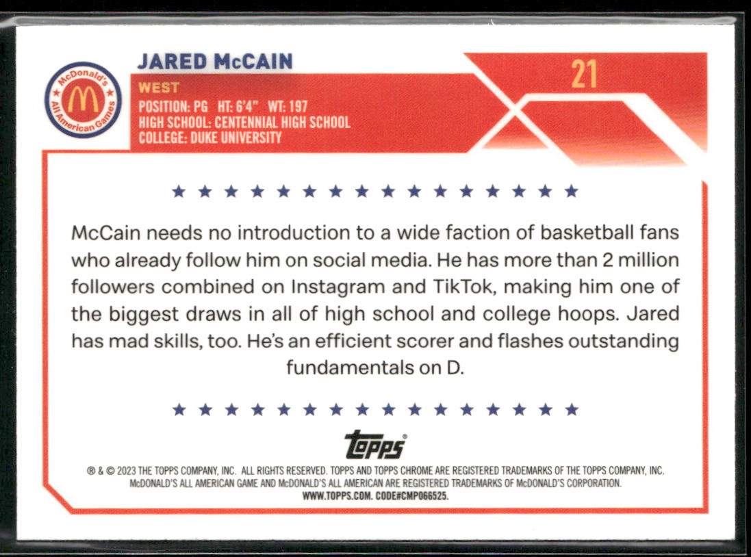 Jared McCain 2023 Topps Chrome McDonald's All American #21