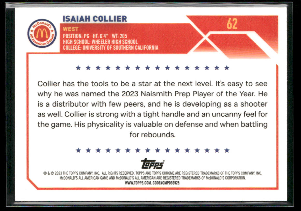 Isaiah Collier 2023 Topps Chrome McDonald's All American #62