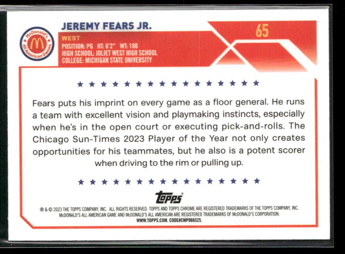 Jeremy Fears Jr. 2023 Topps Chrome McDonald's All American #65