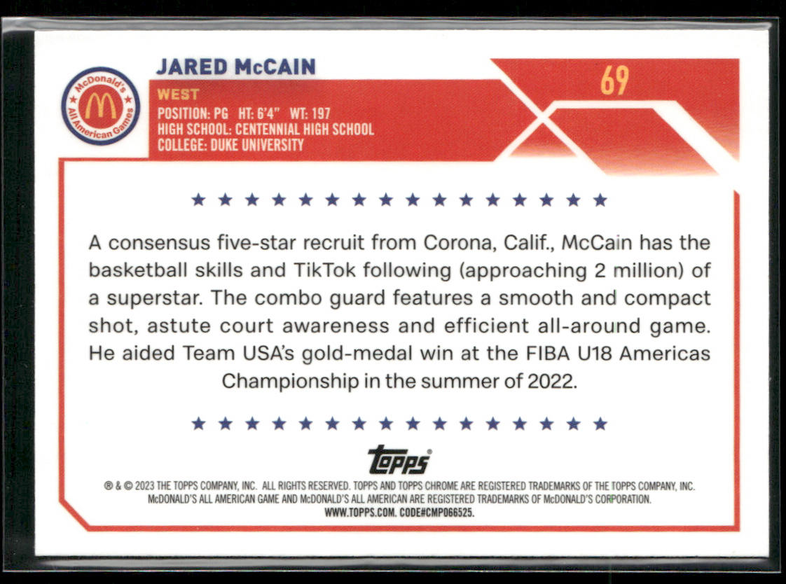 Jared McCain 2023 Topps Chrome McDonald's All American #69