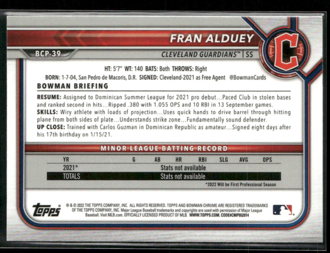 Fran Alduey 2022 Bowman Chrome Prospects Mojo Refractors #BCP-39