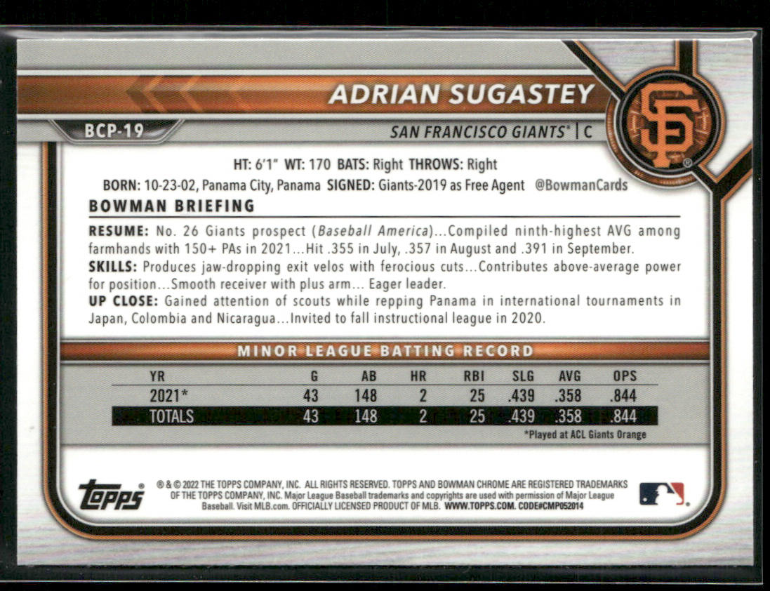Adrian Sugastey 2022 Bowman Chrome Prospects #BCP-19 San Francisco Giants