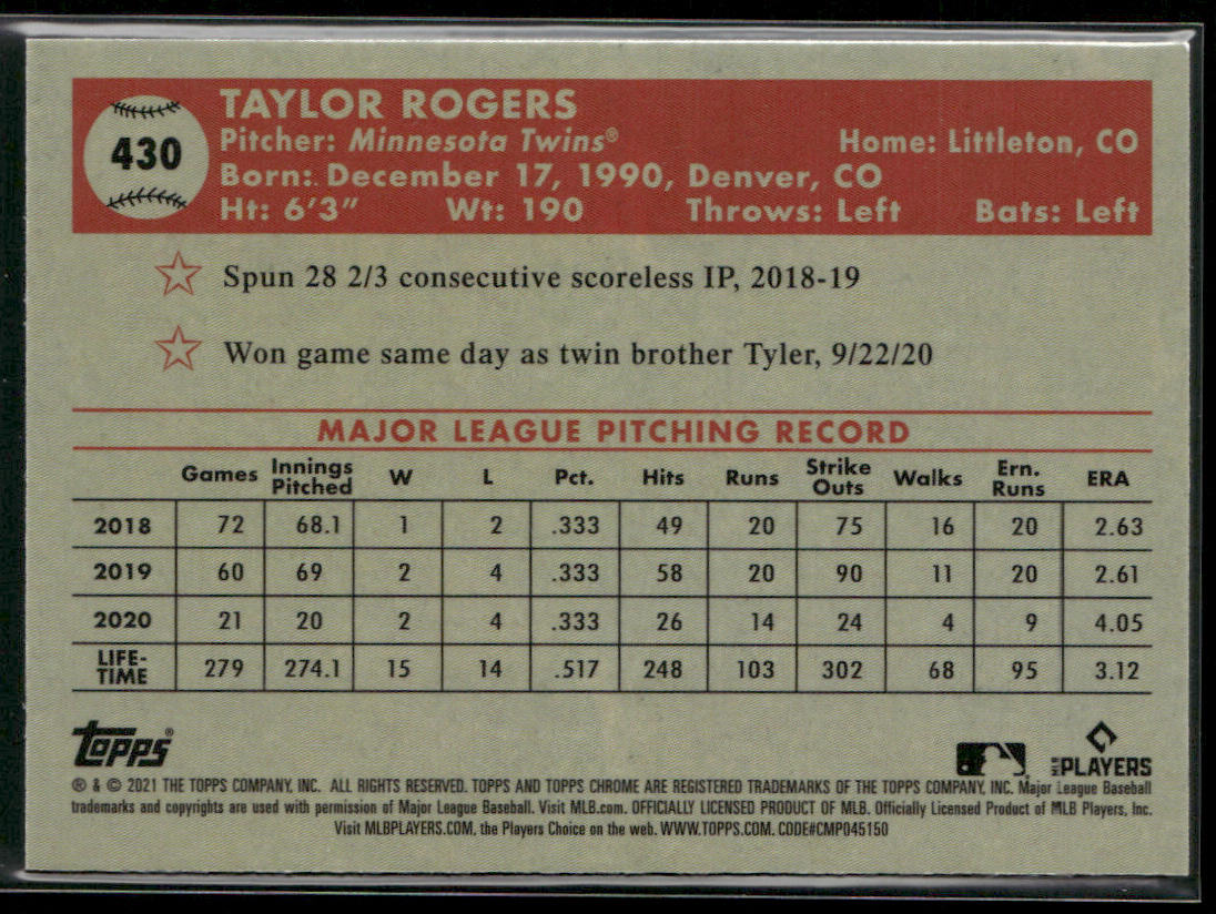 Taylor Rogers 2021 Topps Chrome Platinum Anniversary Refractor #430 Twins