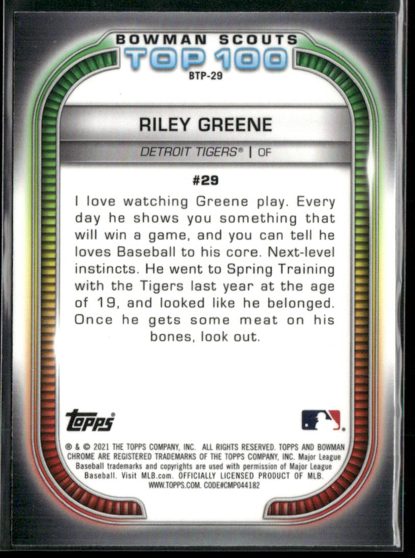 Riley Greene 2021 Bowman Chrome Bowman Scouts Top 100 #BTP-29 Detroit Tigers