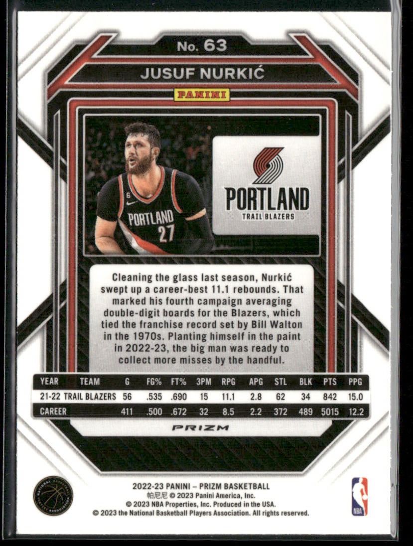 Jusuf Nurkic 2022-23 Panini Prizm Prizms Ice #63 Portland Trail Blazers