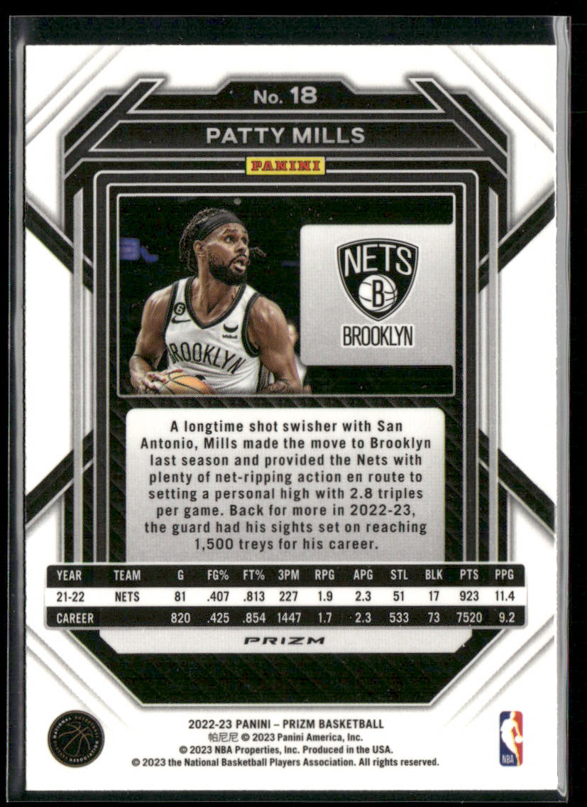 Patty Mills 2022-23 Panini Prizm Prizms Silver #18 Brooklyn Nets