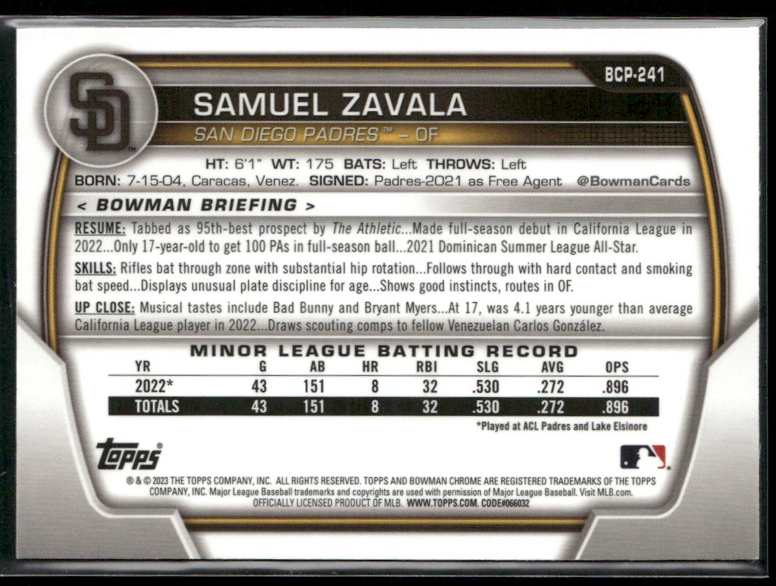 Samuel Zavala 2023 Bowman Chrome Prospects Mojo Refractor #BCP-241 San Padres