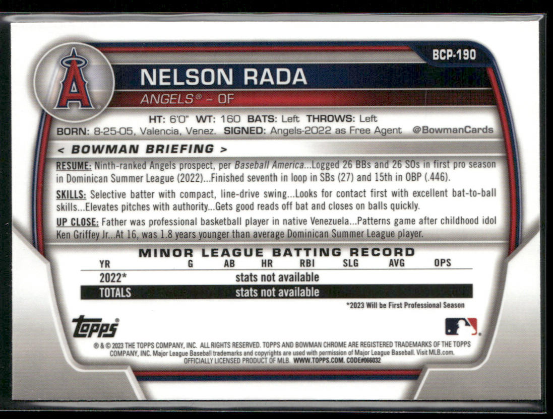 Nelson Rada 2023 Bowman Chrome Prospects Mojo Refractor #BCP-190 Angels