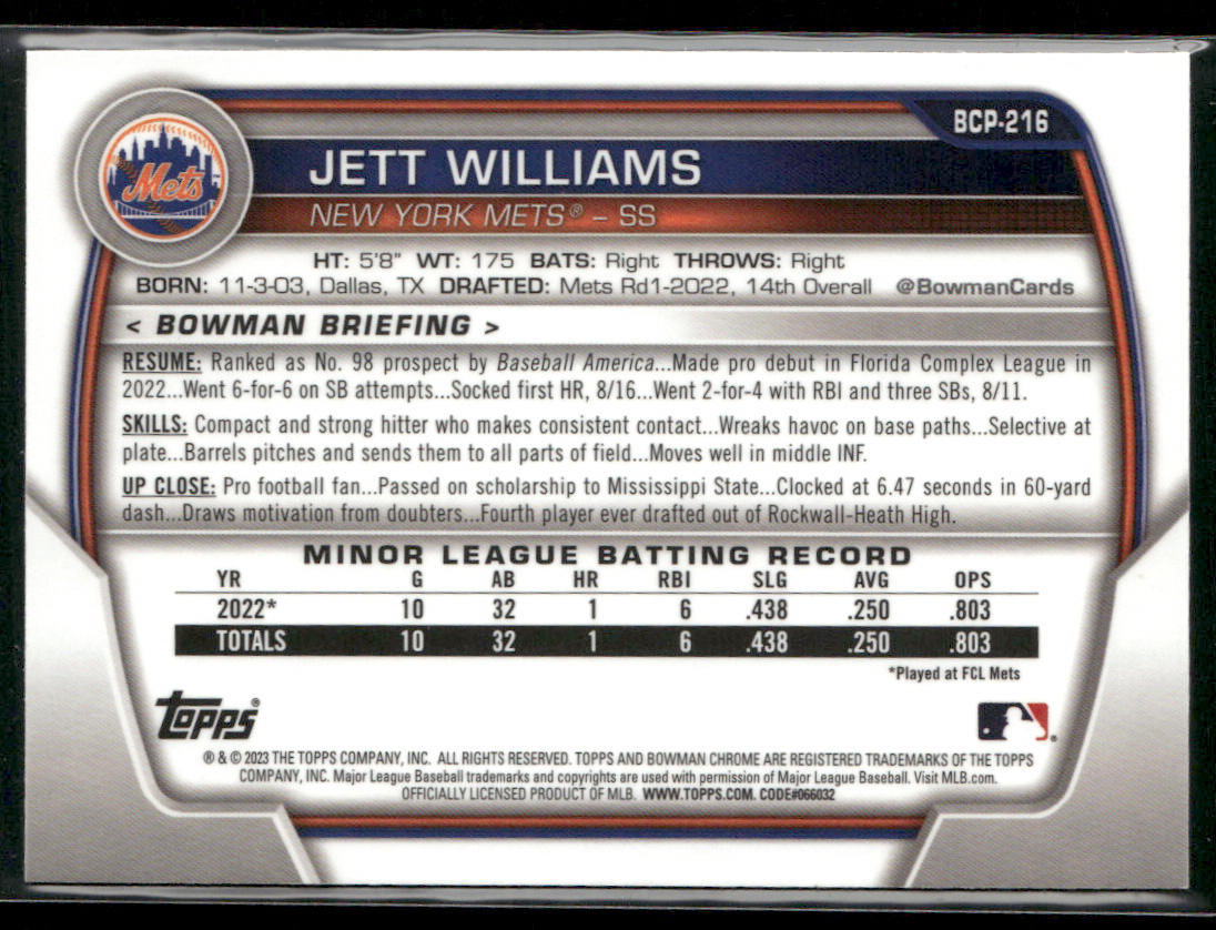 Jett Williams 2023 Bowman Chrome Prospects Mojo Refractor #BCP-216 New York Mets