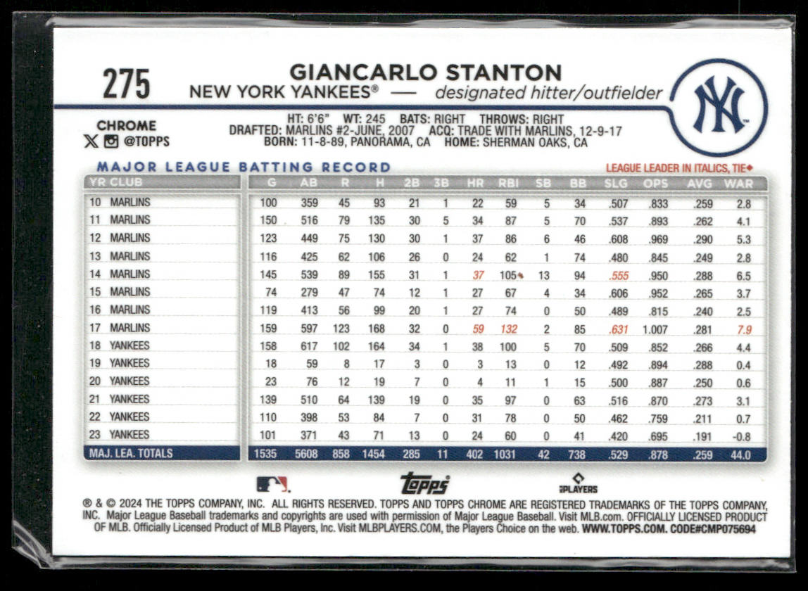Giancarlo Stanton 2024 Topps Chrome Sepia Refractors #275 New York Yankees