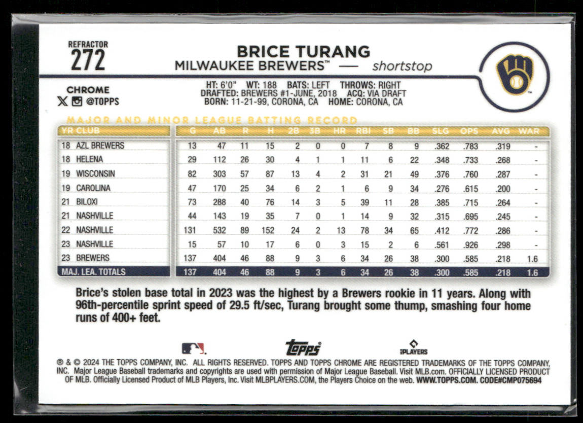 Brice Turang 2024 Topps Chrome #272 Milwaukee Brewers