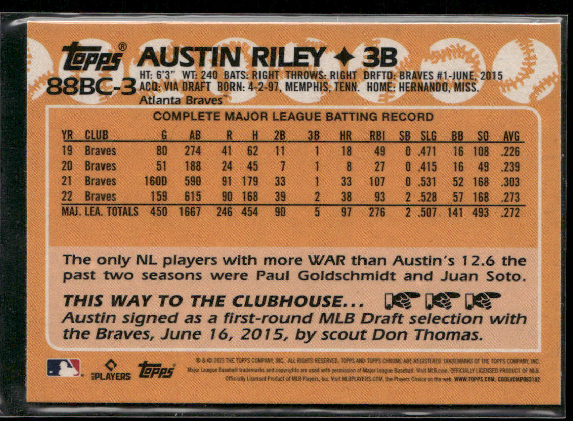 Austin Riley 2023 Topps Chrome 1988 Topps Baseball 35th Anniversary #88BC-3