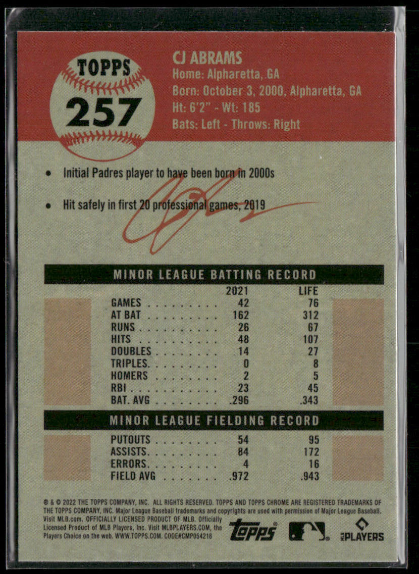 CJ Abrams 2022 Topps Chrome Platinum Anniversary #257 RC San Diego Padres