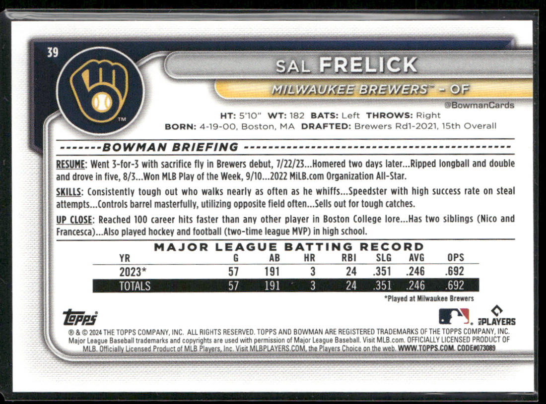Sal Frelick 2024 Bowman #39 RC Milwaukee Brewers