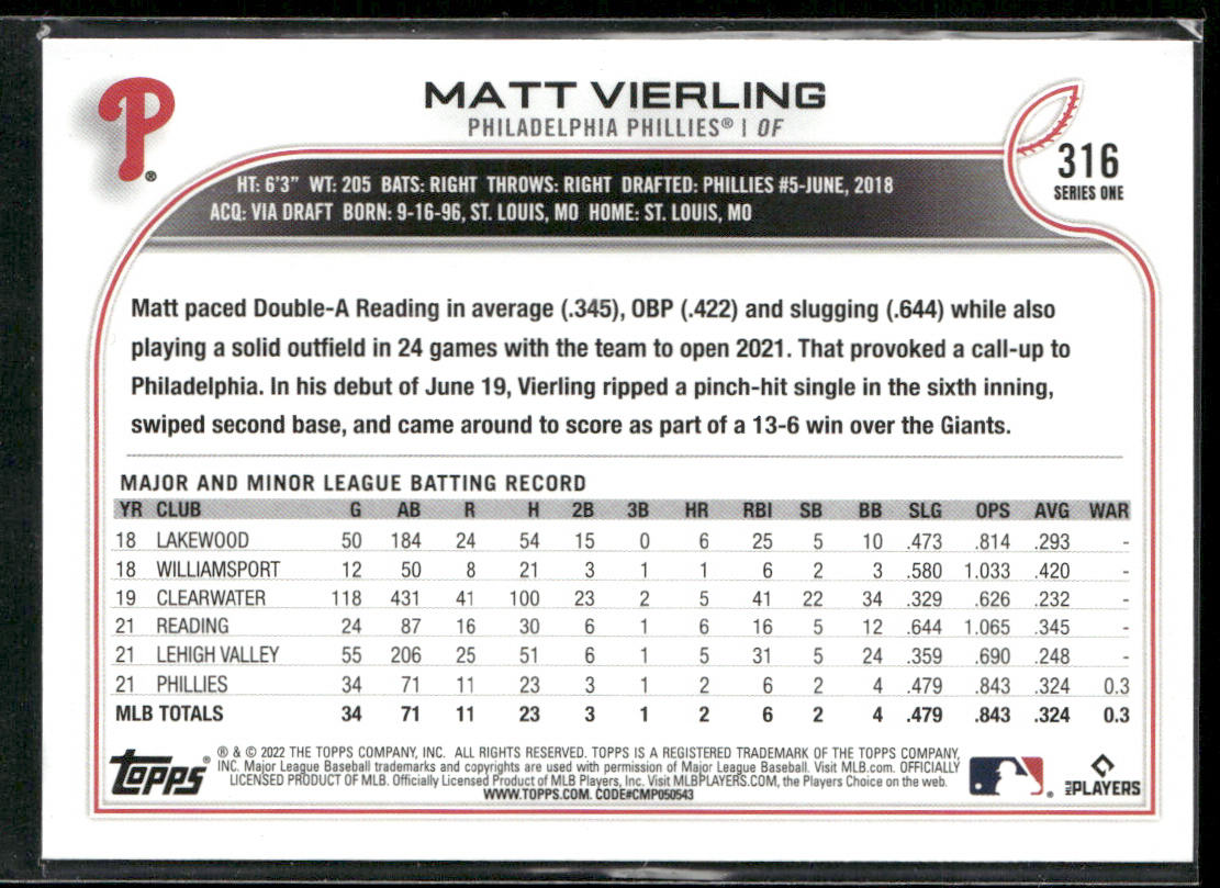 Matt Vierling 2022 Topps #316 Philadelphia Phillies