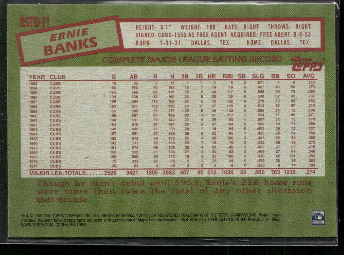 Ernie Banks 2020 Topps Update 1985 Topps Baseball 35th Anniversary #85TB-11