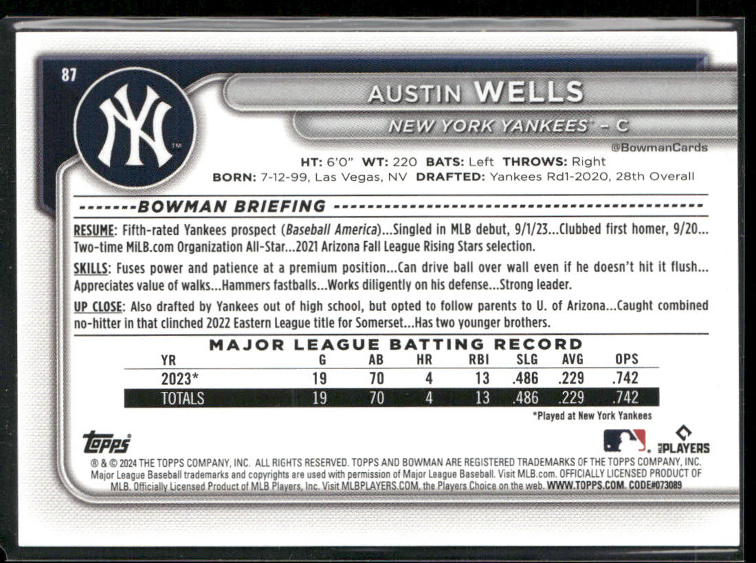 Austin Wells 2024 Bowman #87 RC New York Yankees