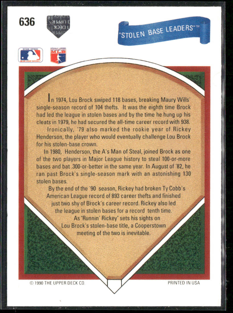 Stolen Base Leaders (Lou Brock / Rickey Henderson) 1991 Upper Deck #636 back