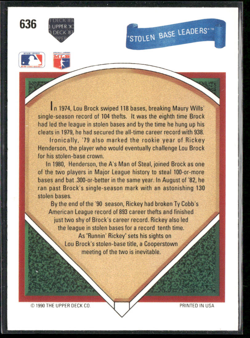 Stolen Base Leaders (Lou Brock / Rickey Henderson) 1991 Upper Deck #636 back