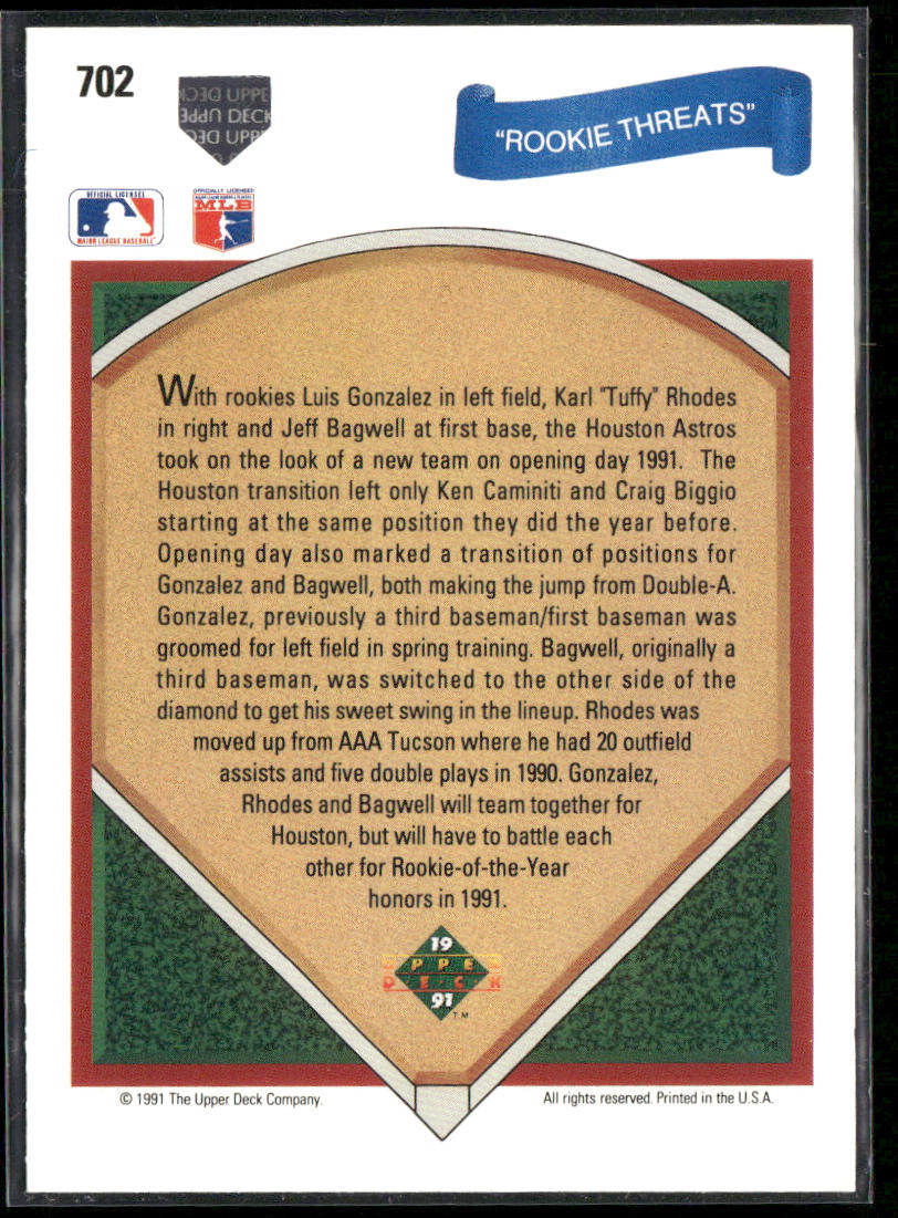 Rookie Threats (Jeff Bagwell / Gonzalez / Rhodes) 1991 Upper Deck #702c