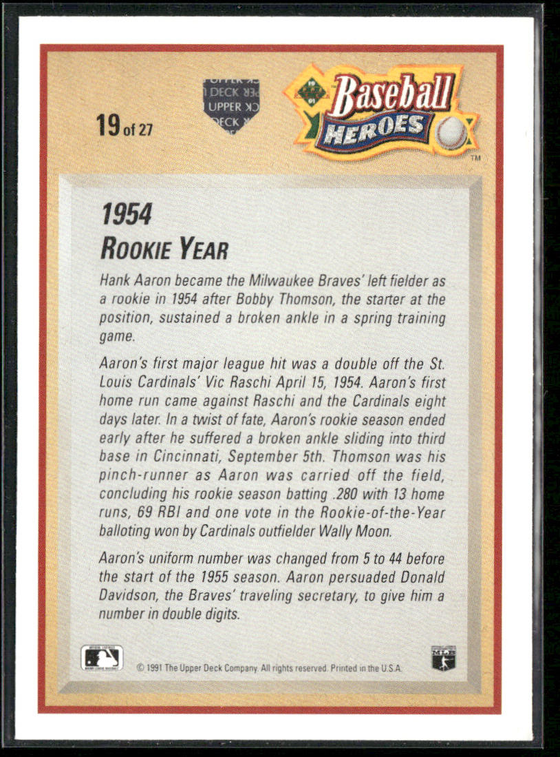 Hank Aaron 1991 Upper Deck Baseball Heroes: Hank Aaron #19 Milwaukee Braves back