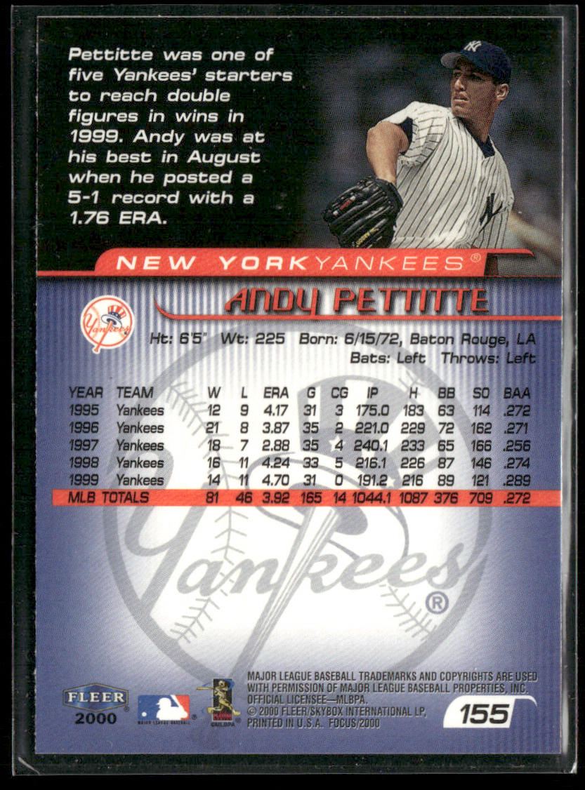 Andy Pettitte 2000 Fleer Focus #155 New York Yankees back