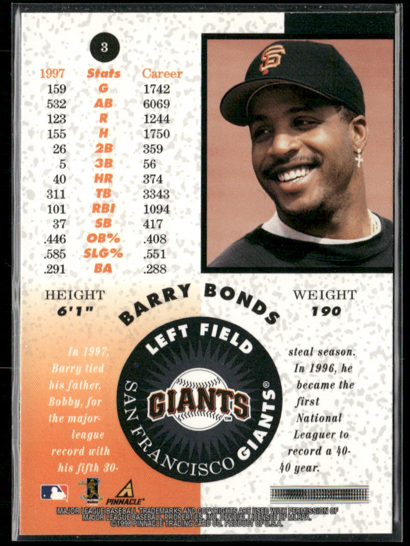 Barry Bonds 1998 Pinnacle Mint Collection Bronze #3 San Francisco Giants back