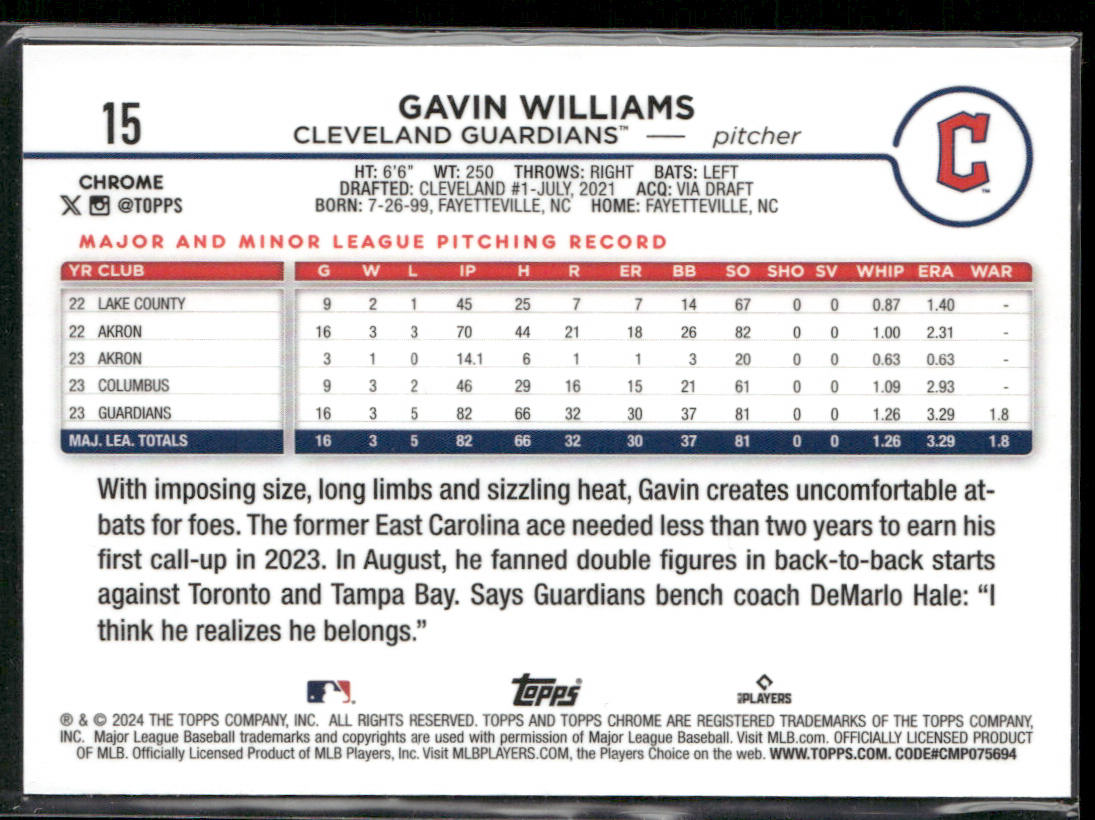 Gavin Williams 2024 Topps Chrome #15 RC Cleveland Guardians