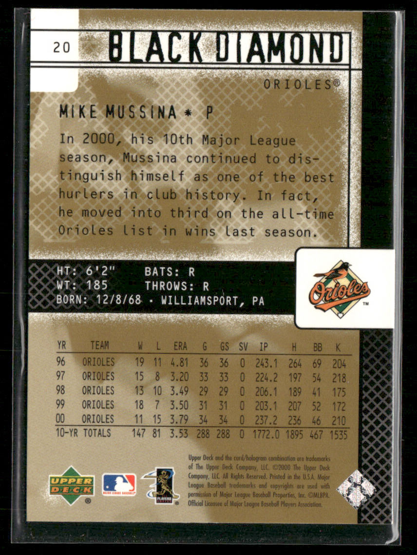 Mike Mussina 2000 Upper Deck Black Diamond Rookie Edition #20 Baltimore Orioles