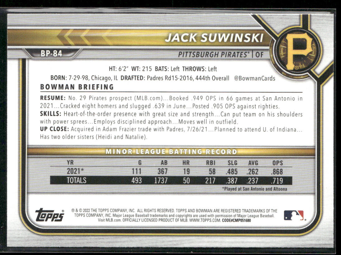 Jack Suwinski 2022 Bowman Prospects #BP-84 Pittsburgh Pirates