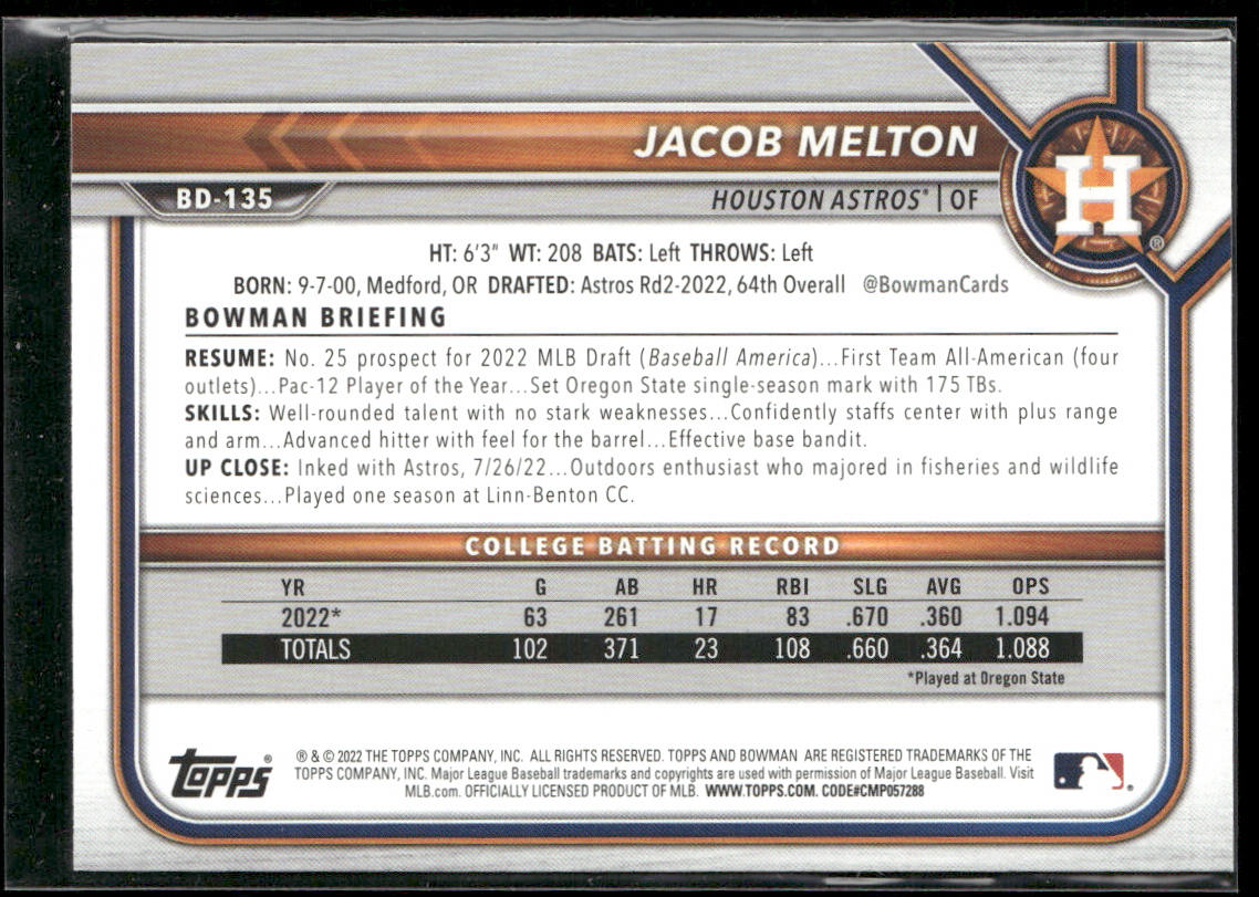 Jacob Melton 2022 Bowman Draft #BD-135 Houston Astros