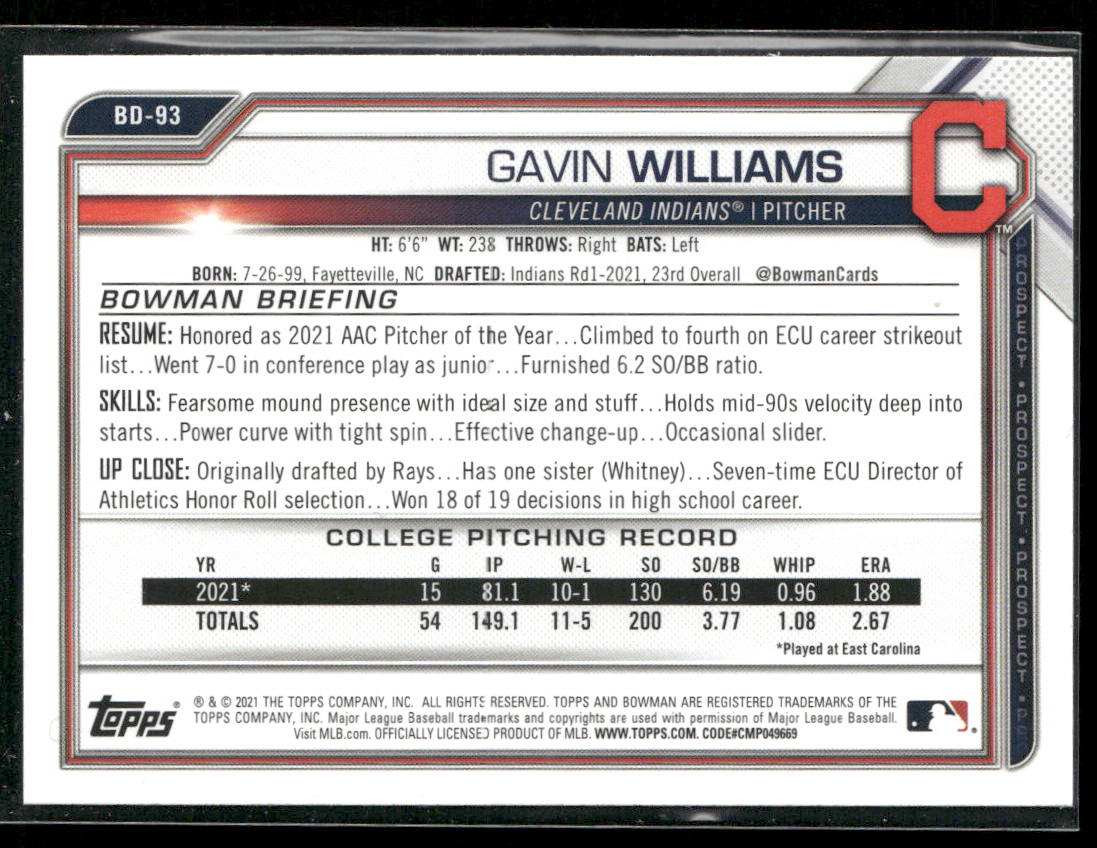 Gavin Williams 2021 Bowman Draft #BD-93 Cleveland Indians