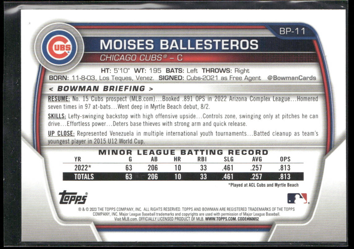 Moises Ballesteros 2023 Bowman Prospects #BP-11 Chicago Cubs
