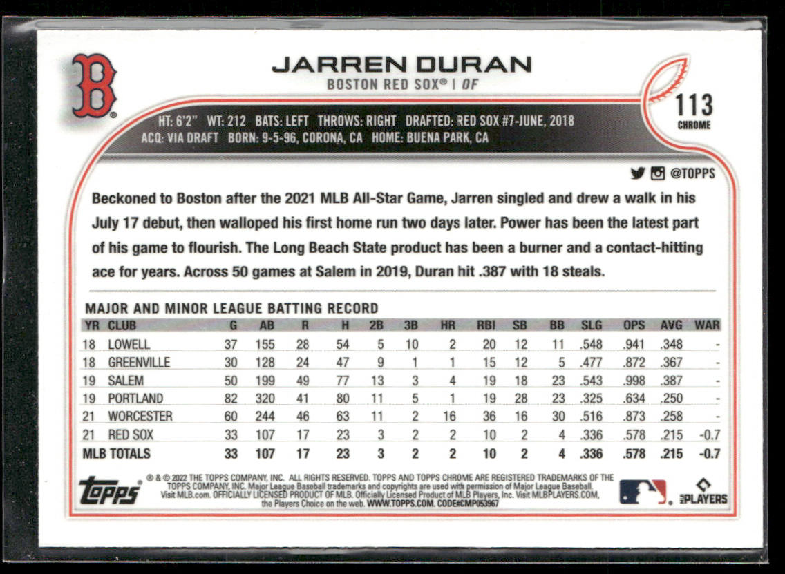 Jarren Duran 2022 Topps Chrome Sonic #113 RC Boston Red Sox