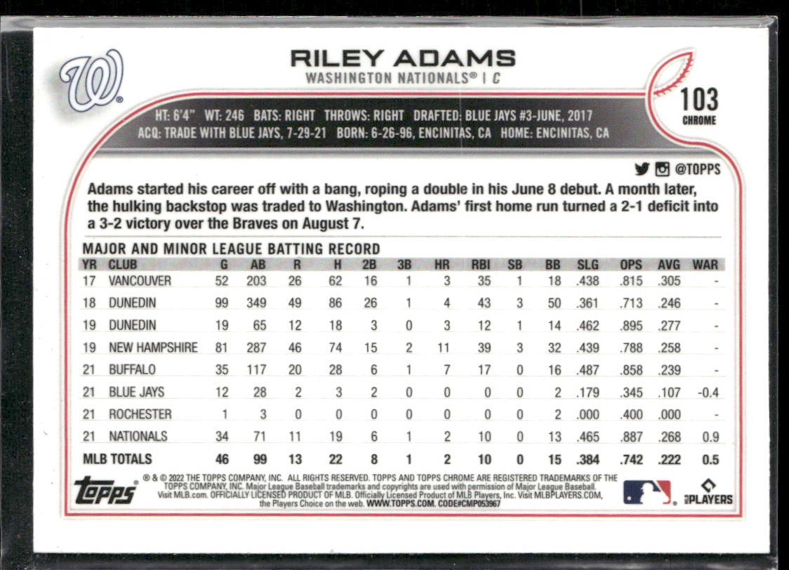 Riley Adams 2022 Topps Chrome Sonic #103 RC Washington Nationals