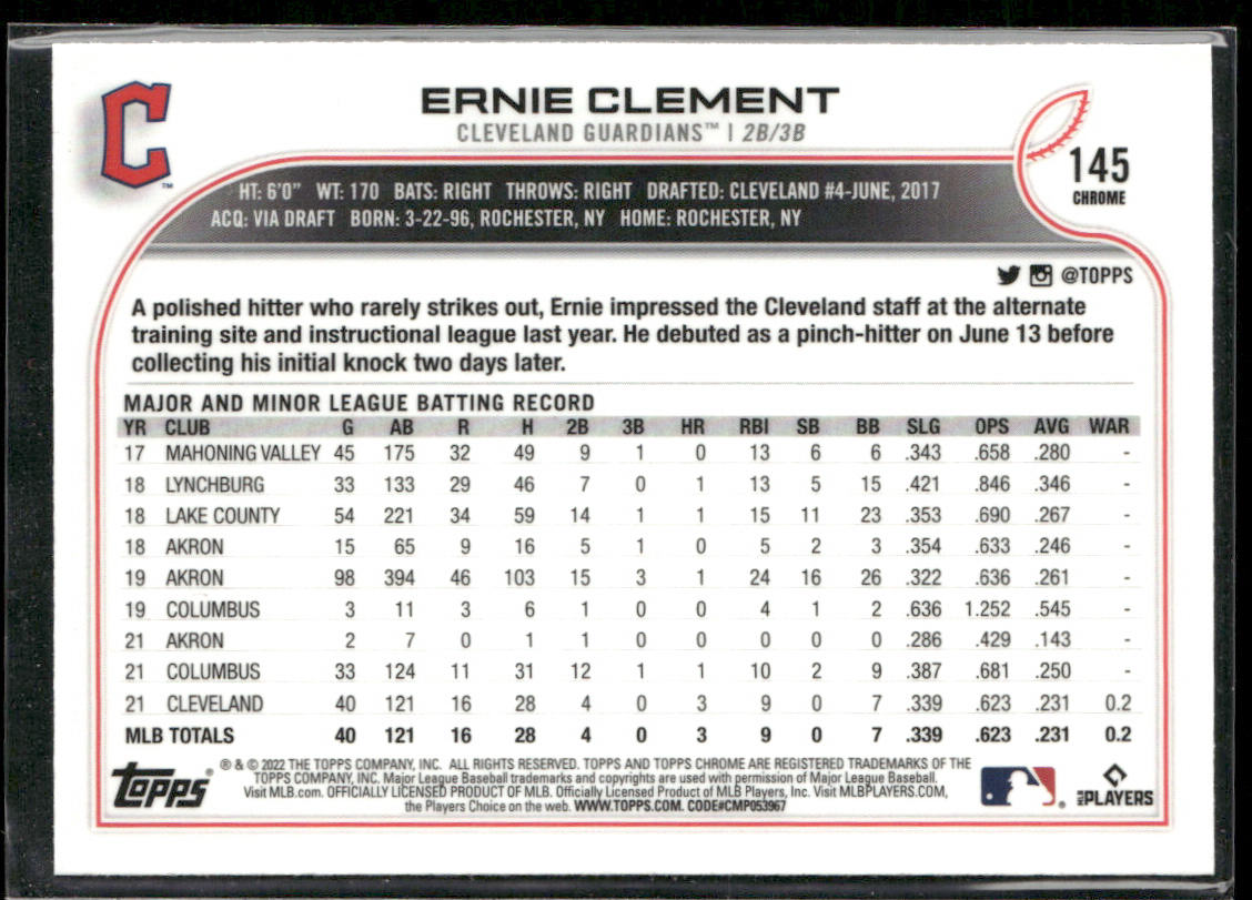 Ernie Clement 2022 Topps Chrome #145 RC Cleveland Guardians