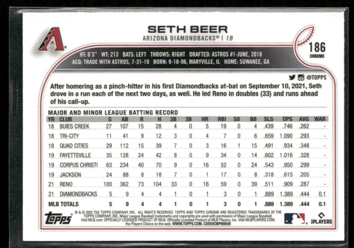 Seth Beer 2022 Topps Chrome #186 RC Arizona Diamondbacks