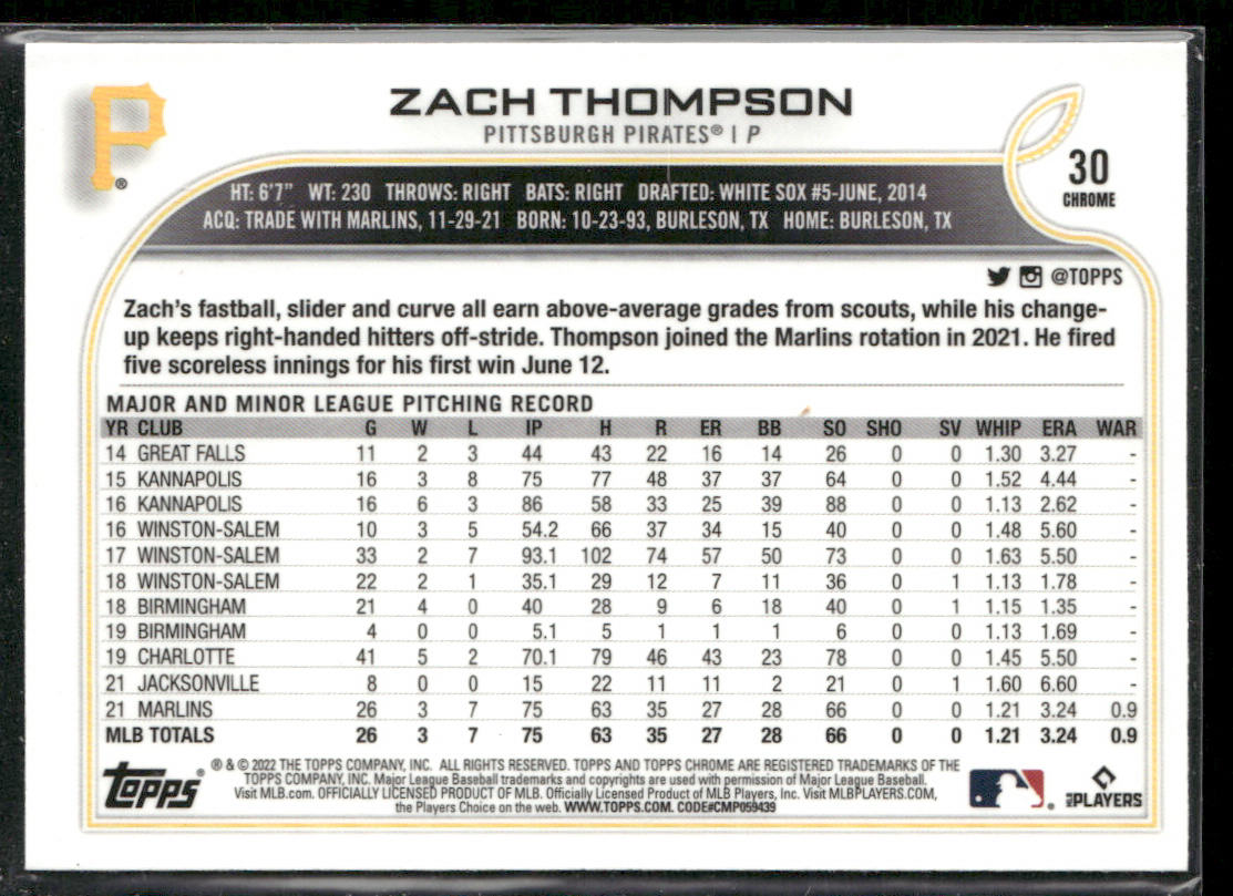 Zach Thompson 2022 Topps Chrome Sonic #30 RC Pittsburgh Pirates