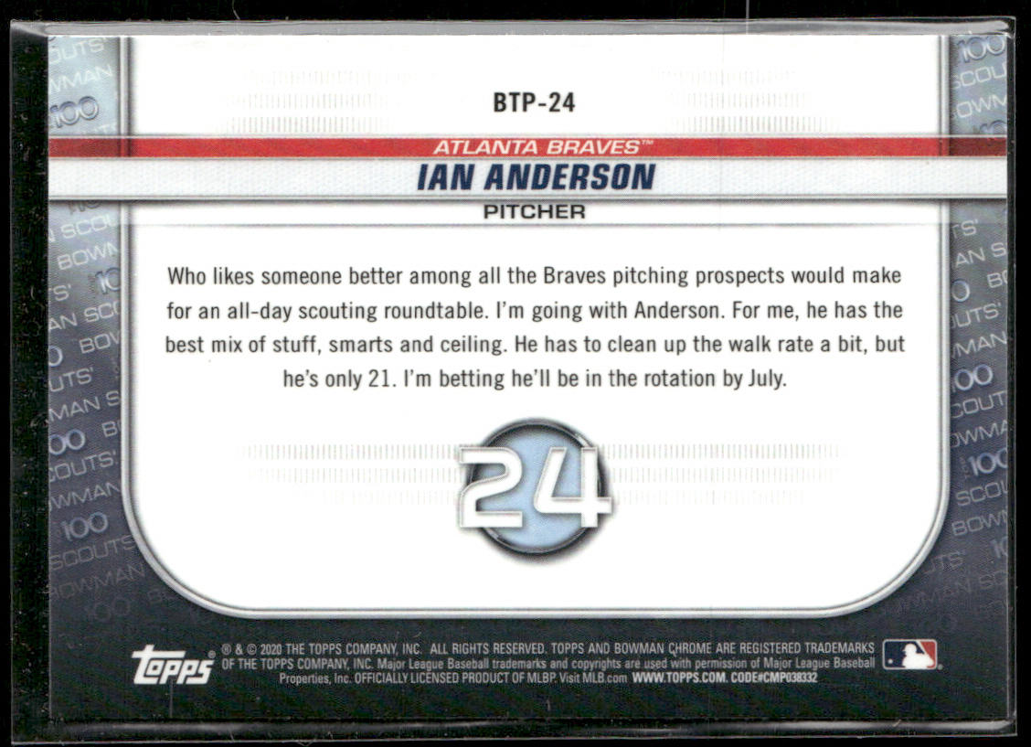 Ian Anderson 2020 Bowman Chrome Bowman Scouts Top 100 #BTP-24 Atlanta Braves