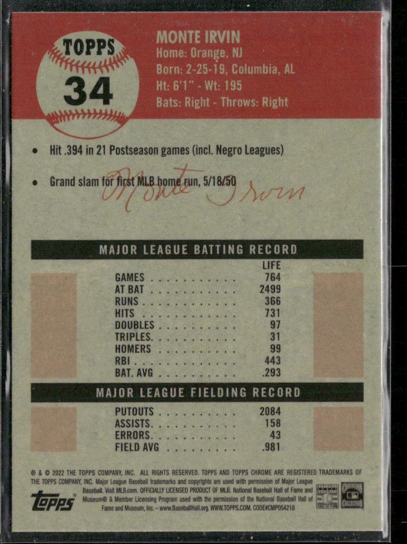 Monte Irvin 2022 Topps Chrome Platinum Anniversary #34 New York Giants